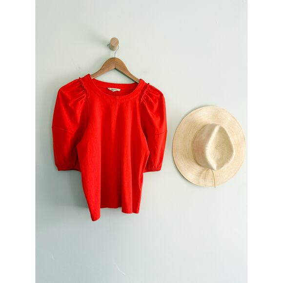 Madewell | NWT Puff-Sleeve Tee in Bright Flame Red | Sz XXS - Picture 2 of 9